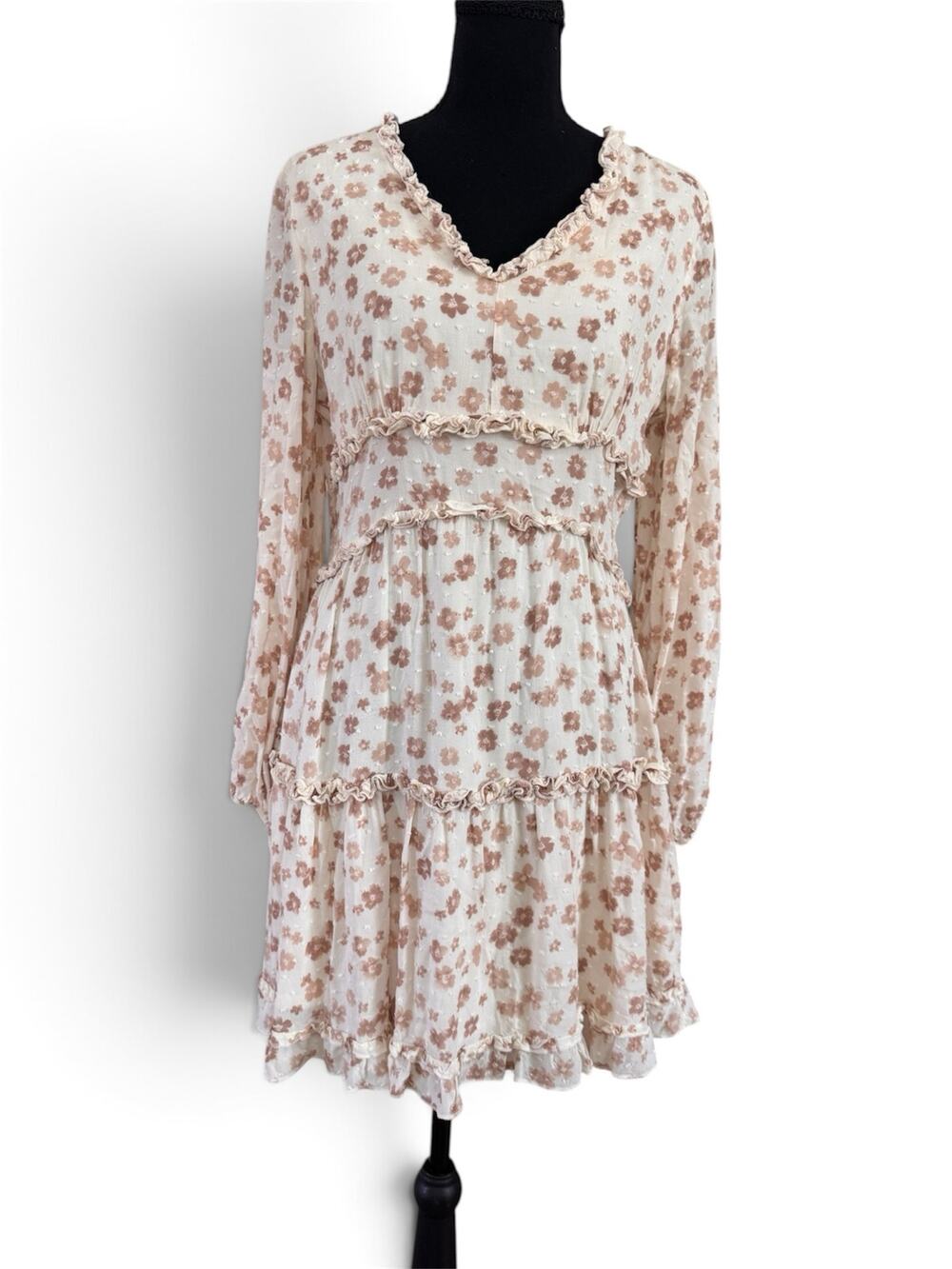 Altar'd State Cream Floral Clip Dot Tiered Mini Dress - Size L